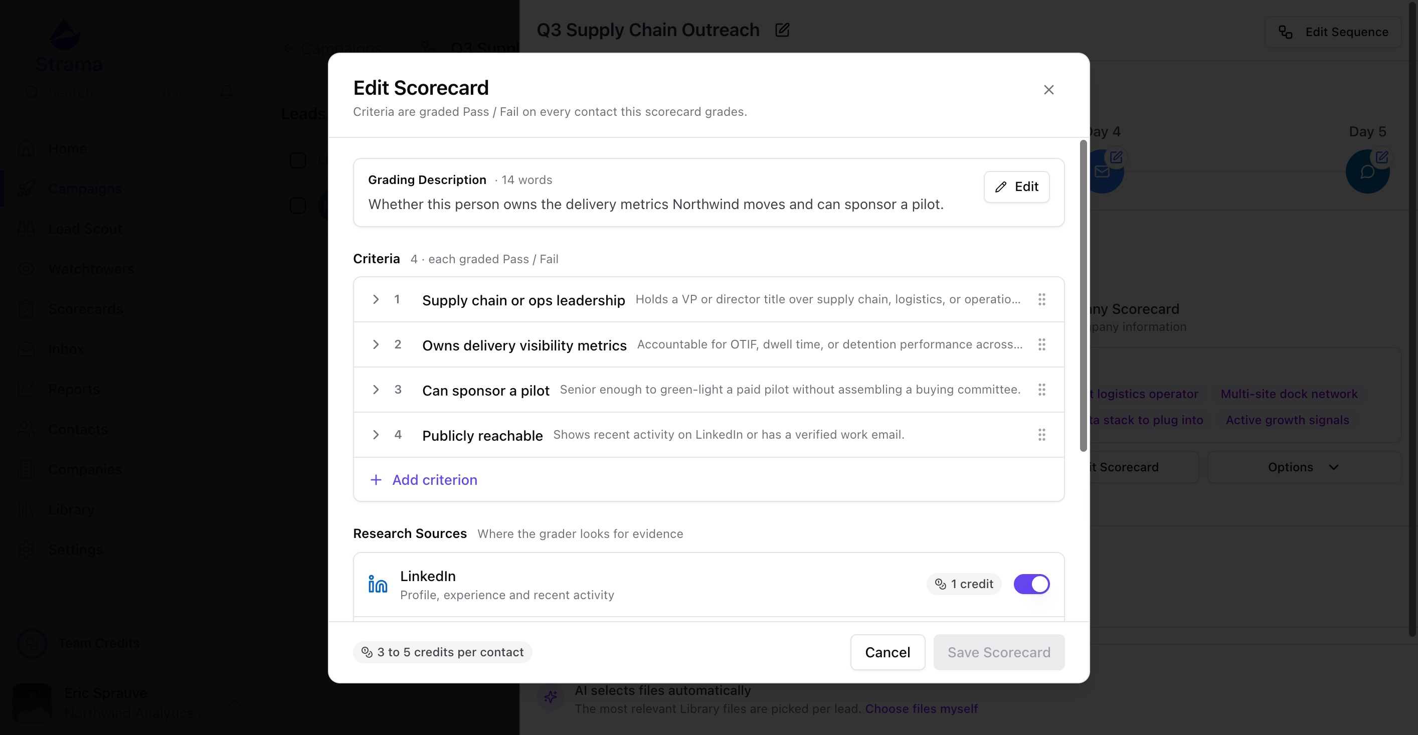 The Edit Scorecard dialog showing the grading description, four collapsed criteria rows, and the start of Research Sources