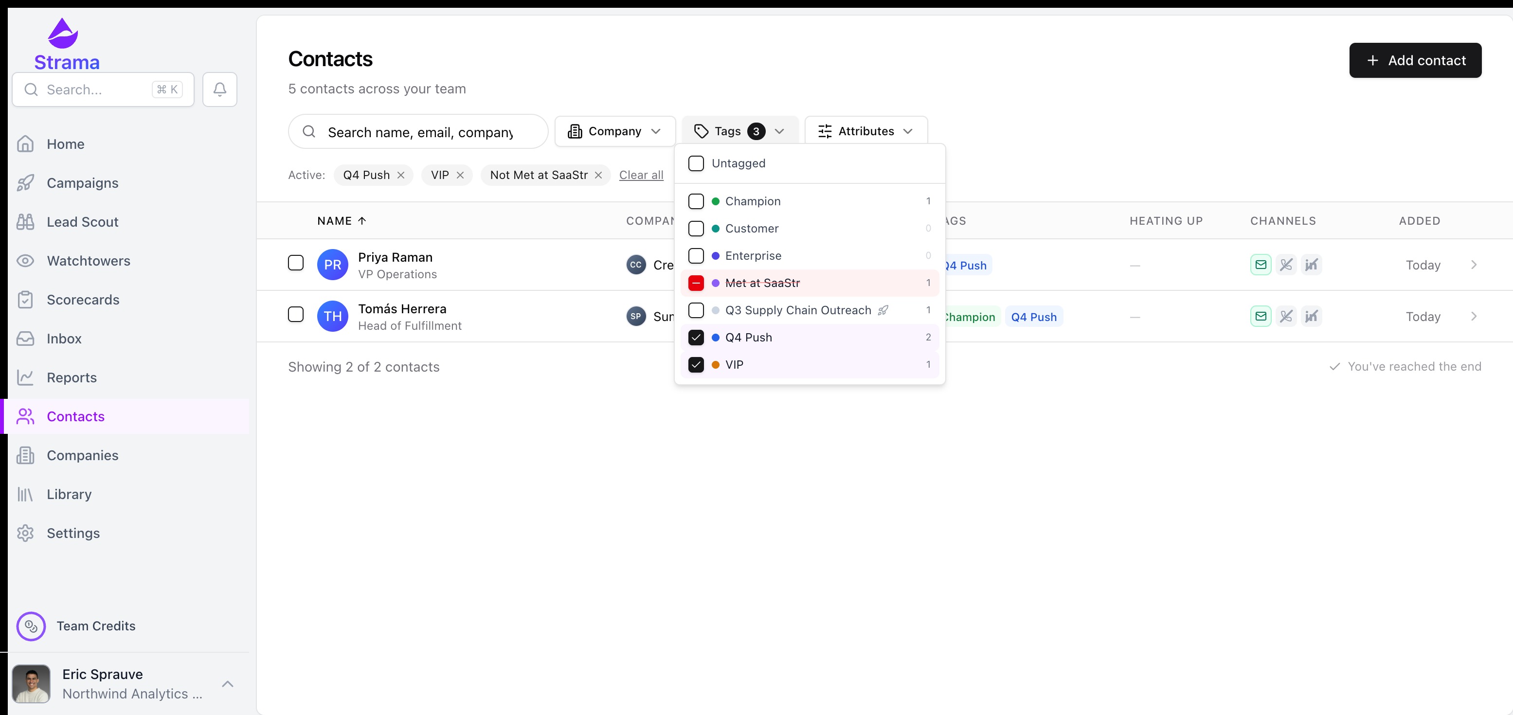 The Contacts page with the Tags filter open: Q4 Push and VIP included, Met at SaaStr excluded, and the active filters shown as chips above the table