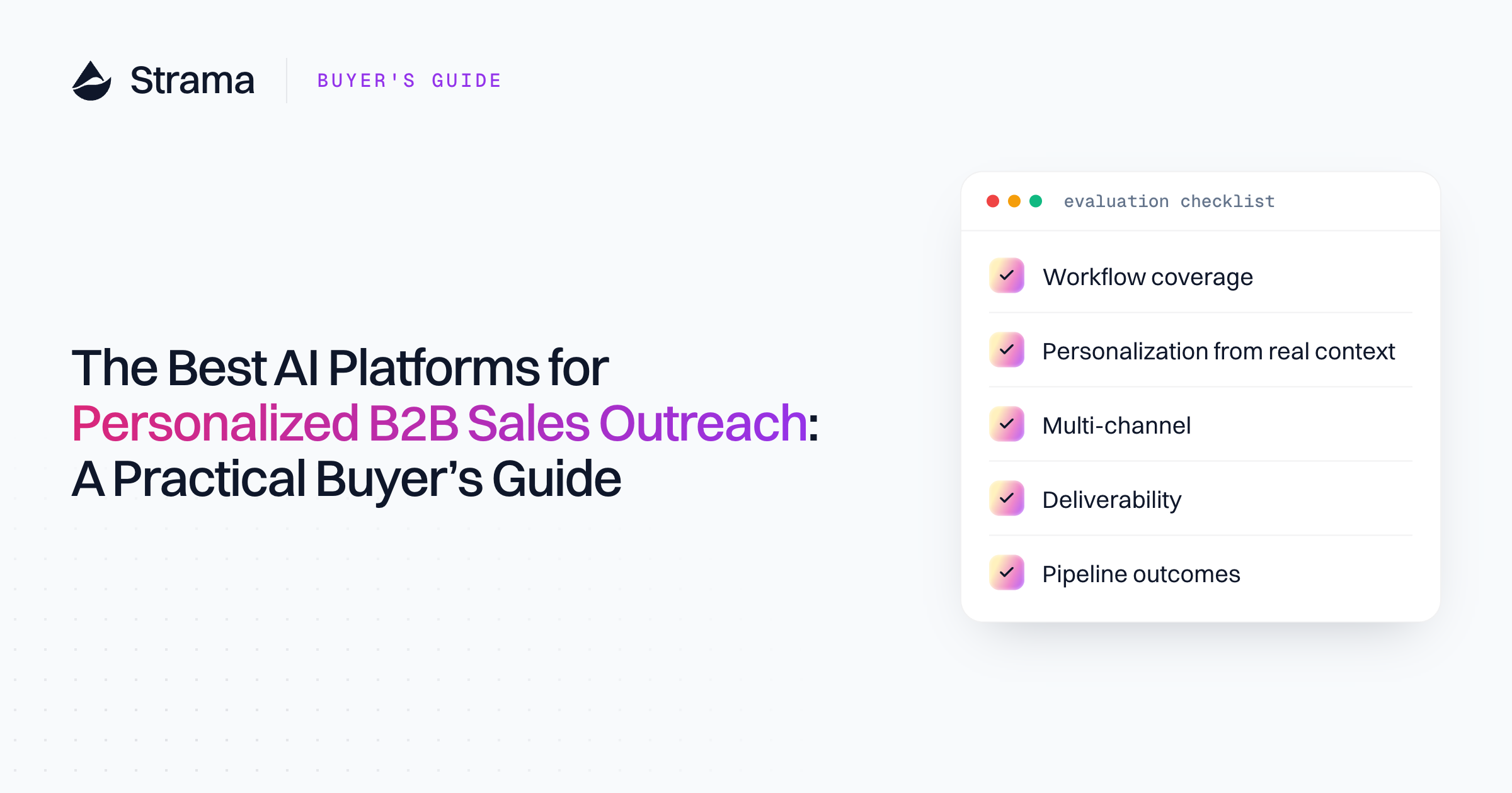 Strama buyer's guide cover with an evaluation checklist: workflow coverage, personalization from real context, multi-channel, deliverability, pipeline outcomes
