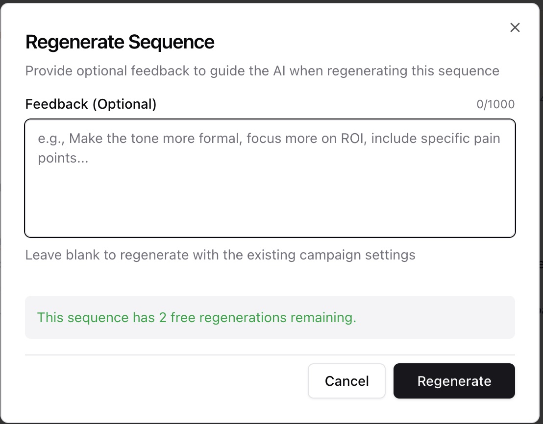 The Regenerate Sequence dialog with an optional feedback box and a notice that the sequence has 2 free regenerations remaining