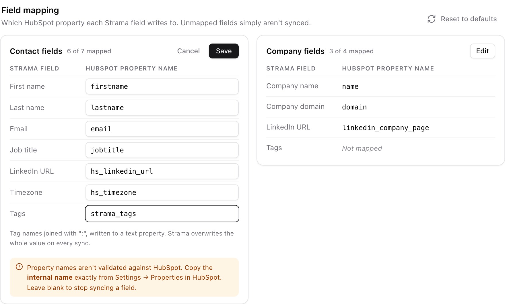 The CRM field mapping cards with the Contact fields card in edit mode and Tags mapped to a HubSpot property named strama_tags