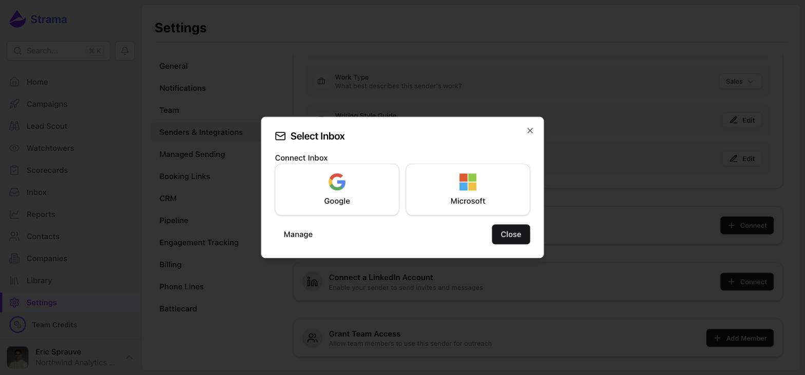 The Select Inbox dialog with Google and Microsoft provider options