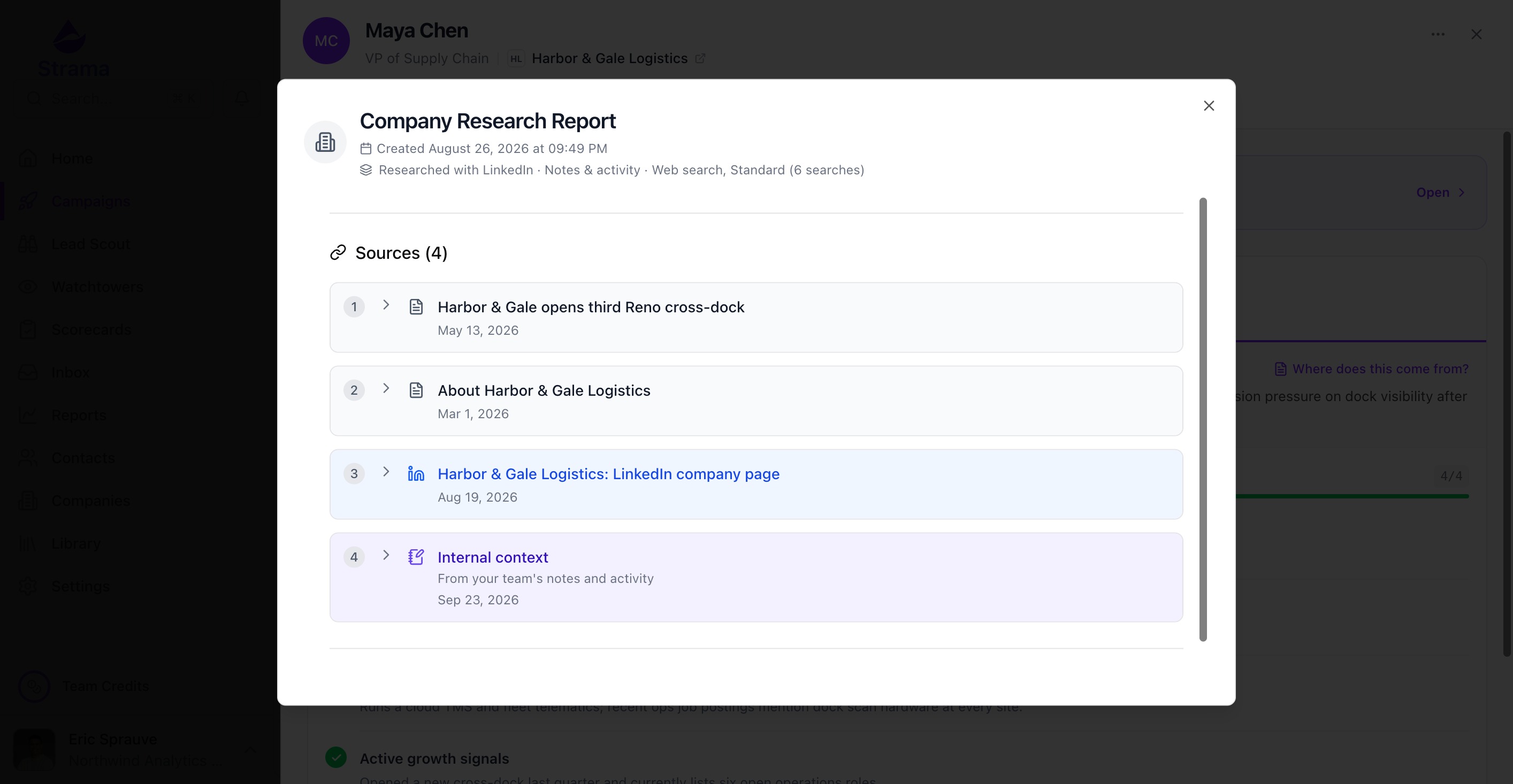 Company research report showing four numbered sources: two web pages, a LinkedIn company page, and Internal context