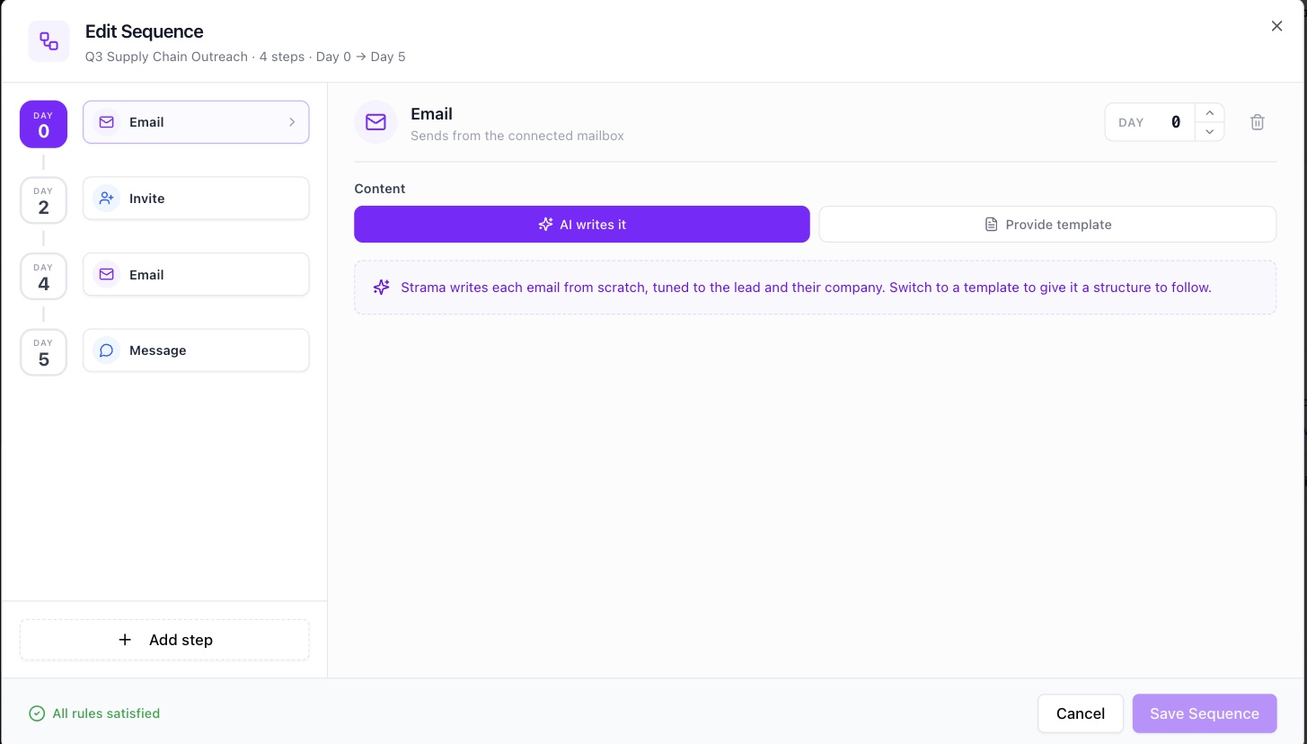 The campaign sequence editor with per-step day steppers