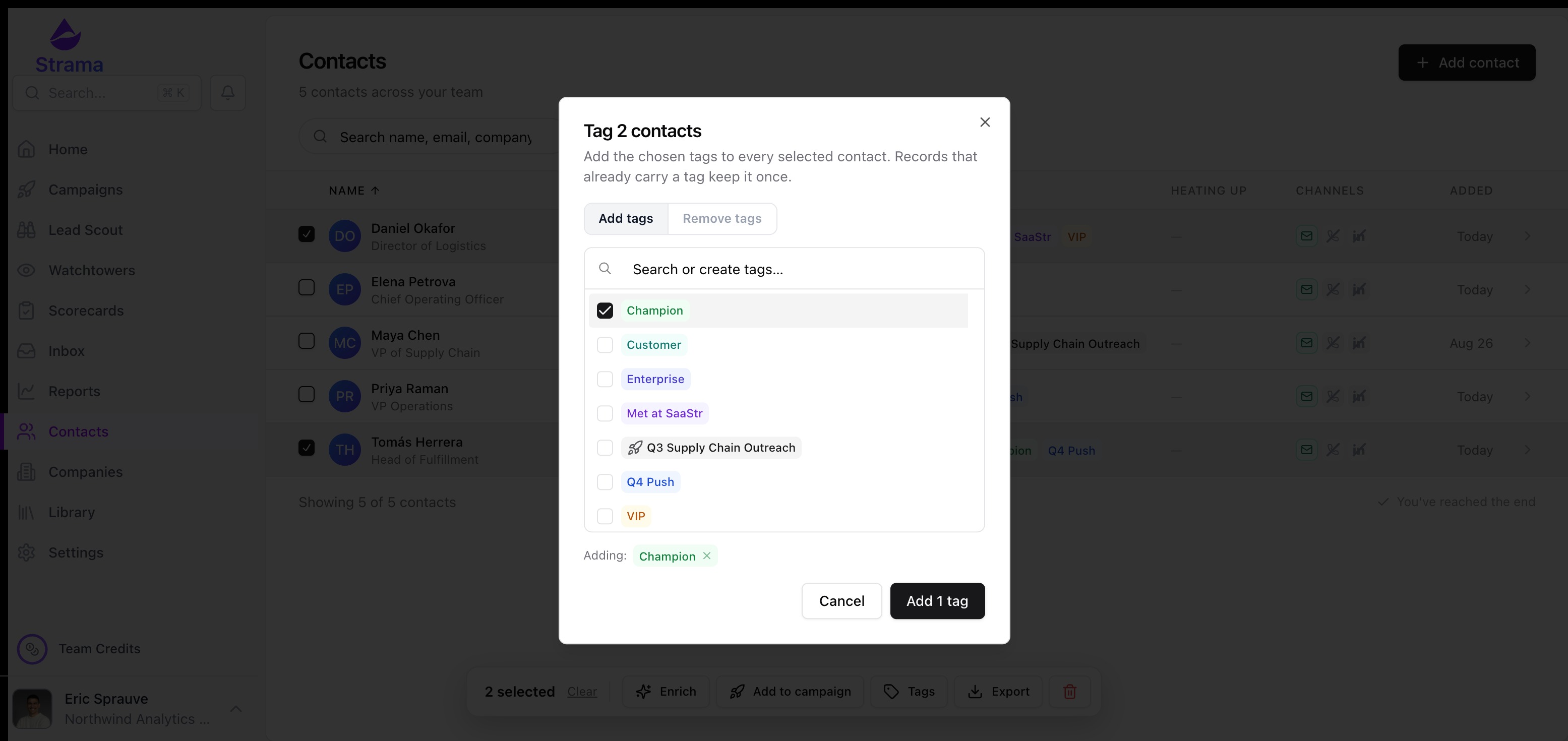 The Tag 2 contacts dialog with the Add tags mode selected and Champion checked