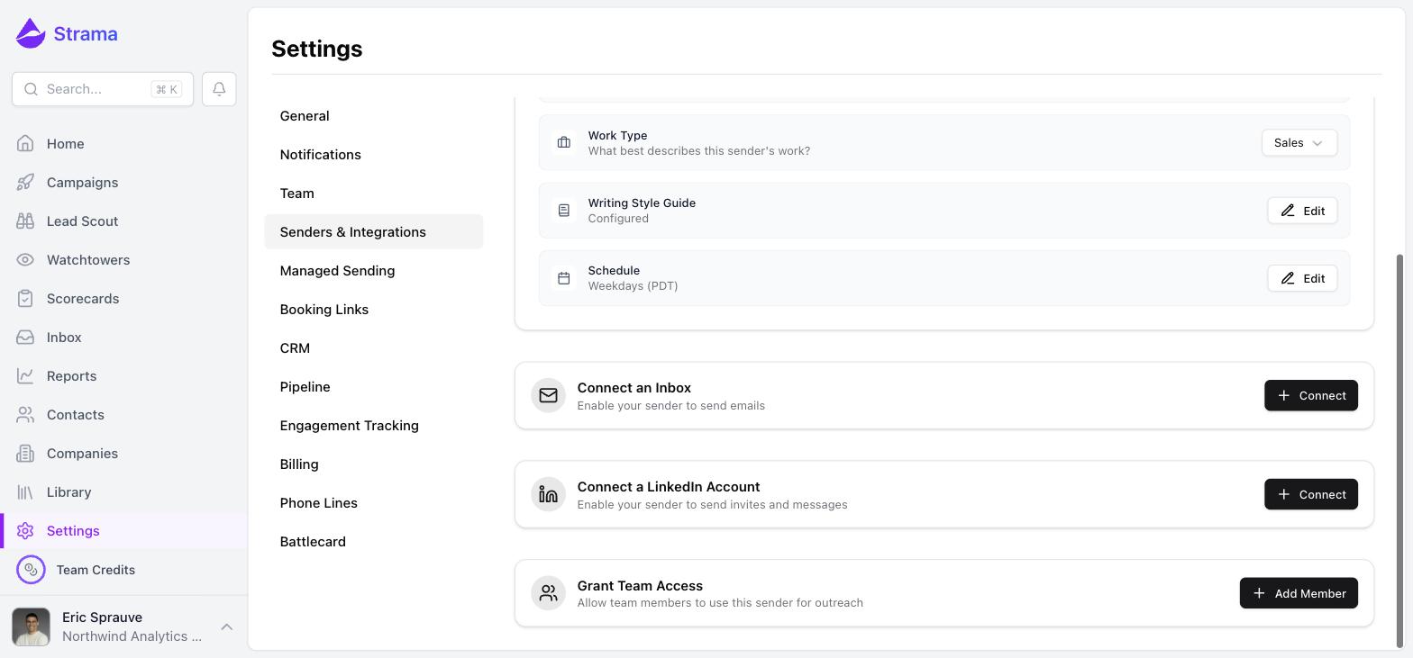 The Senders & Integrations settings page, showing the Connect an Inbox and Connect a LinkedIn Account cards for a sender