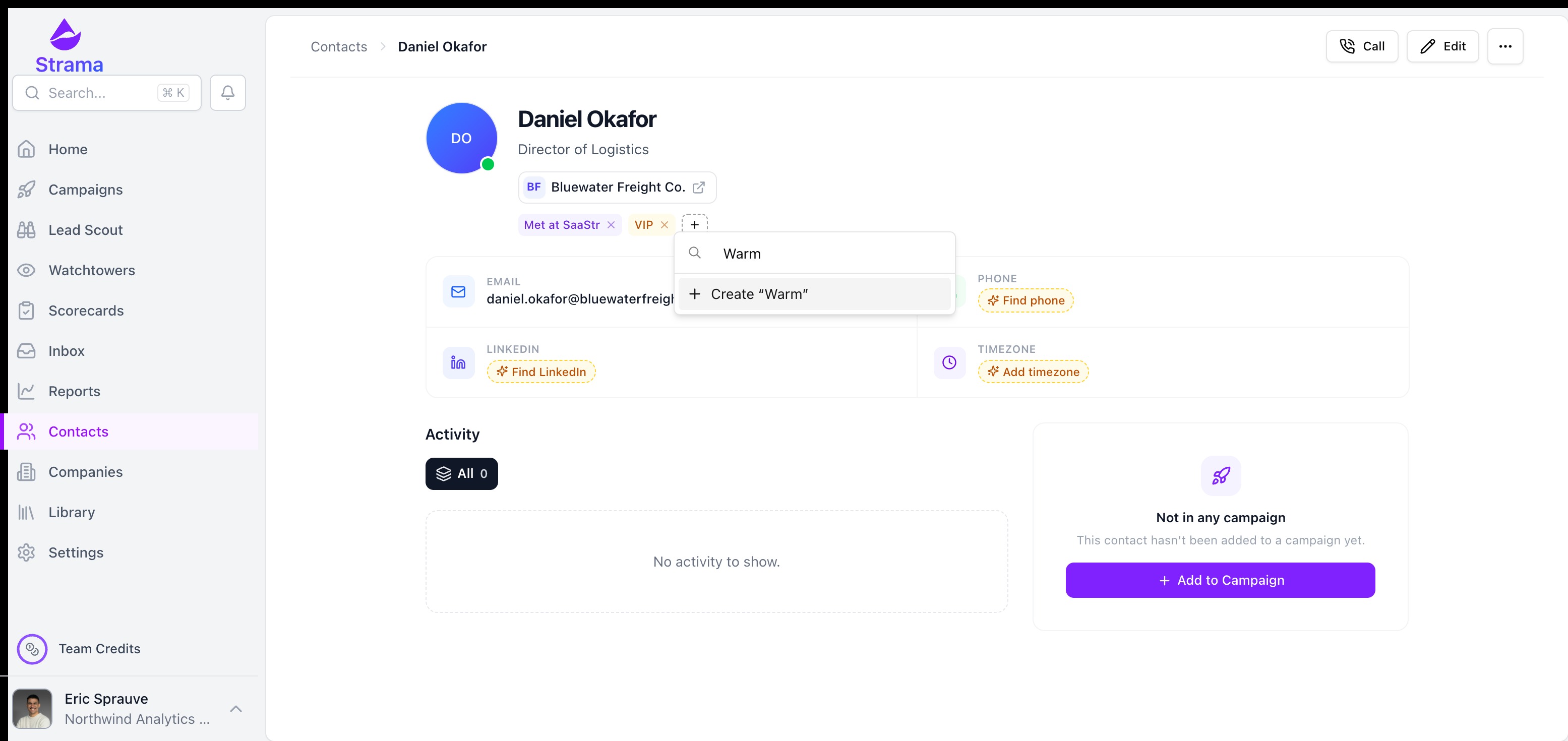 A contact page with the tag picker open, offering to create a new tag named Warm