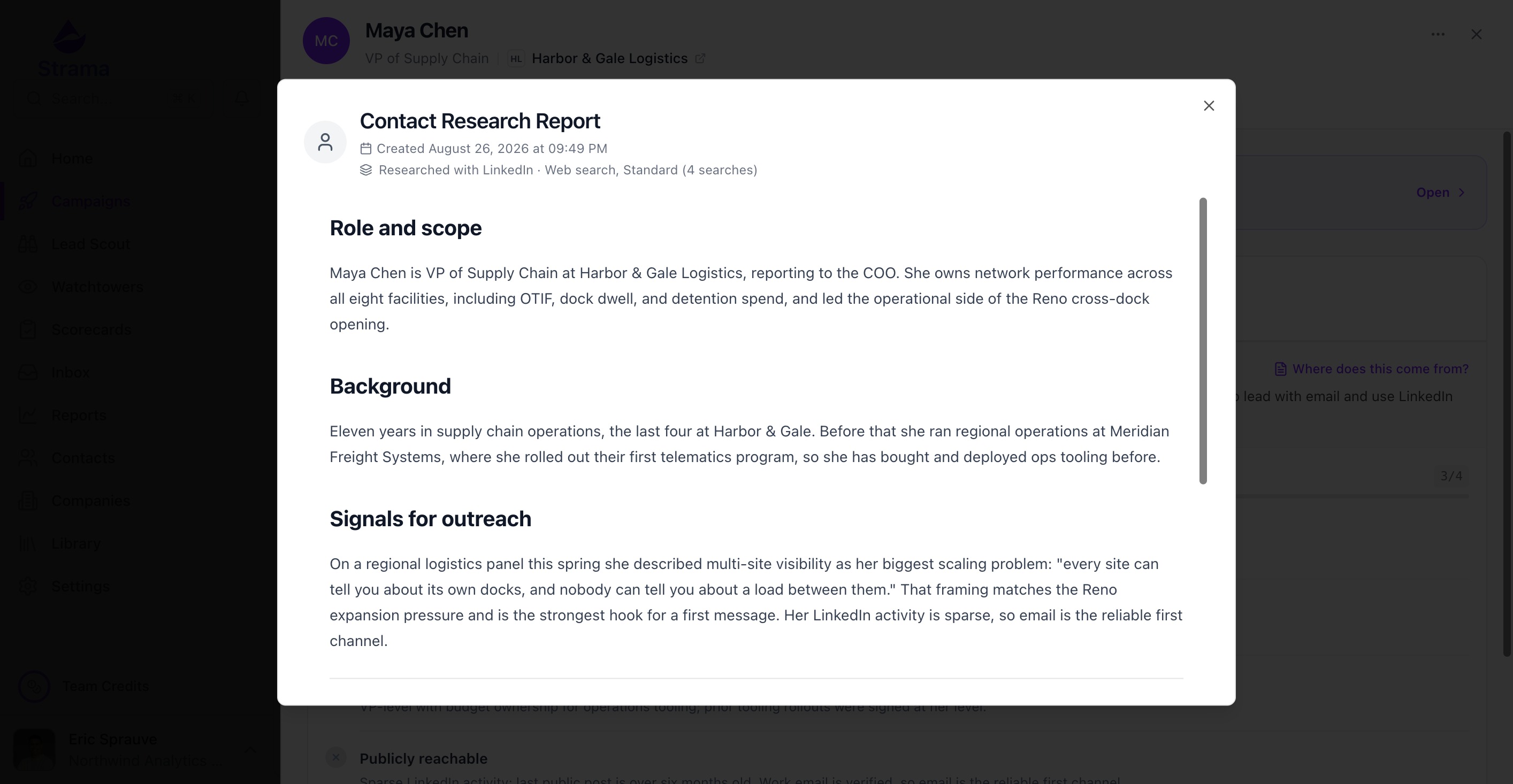 Contact research report dialog showing the created date, the Researched with line, and the report body