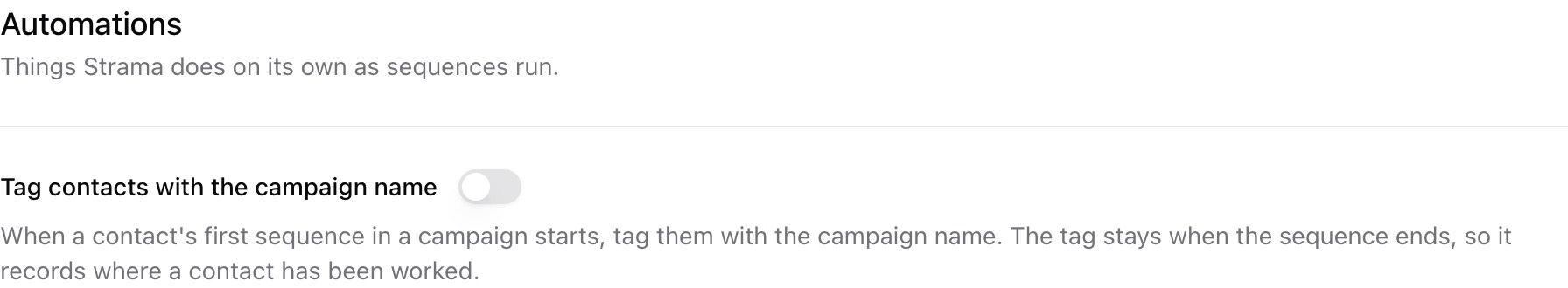 The Automations section of Team settings with the Tag contacts with the campaign name switch