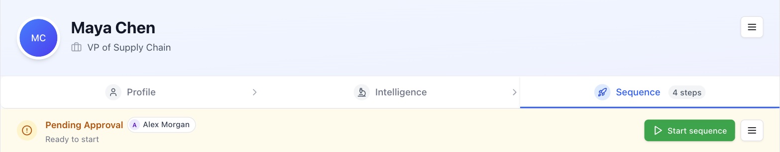 A drafted sequence showing the Pending Approval banner and Start sequence button
