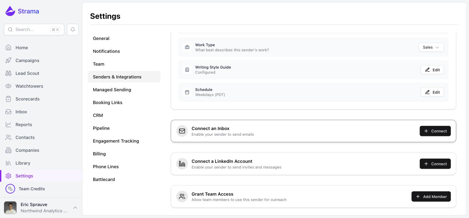 The Connect a LinkedIn Account card on the sender settings page