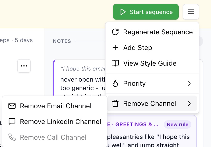 The sequence menu with the Remove Channel submenu open, listing Remove Email Channel, Remove LinkedIn Channel, and Remove Call Channel